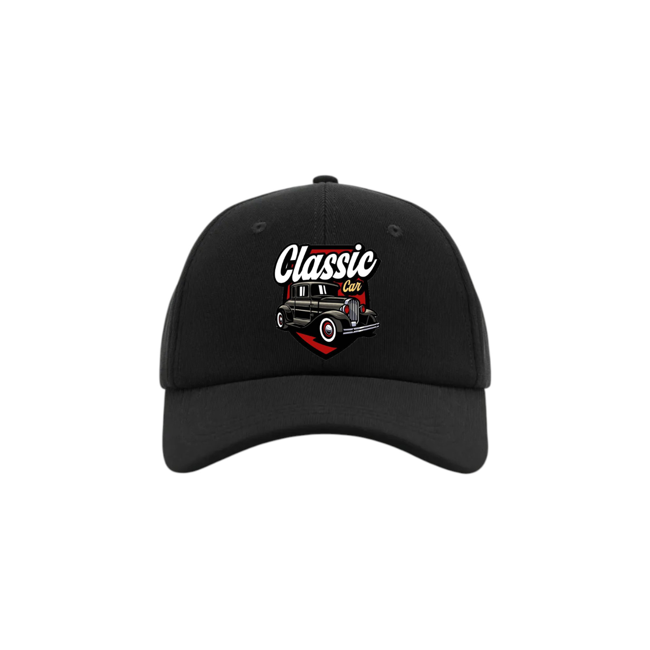 Route 66 Classic Car Embroidered Baseball Cap - Black Structured Cotton Cap, Adjustable